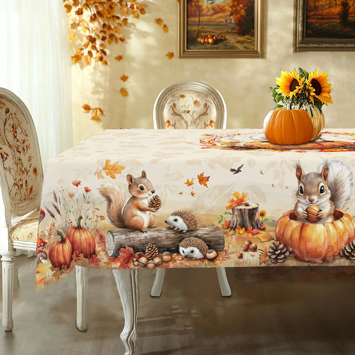Autumn Harvest Farmhouse Tablecloth – Squirrel & Pumpkin Print