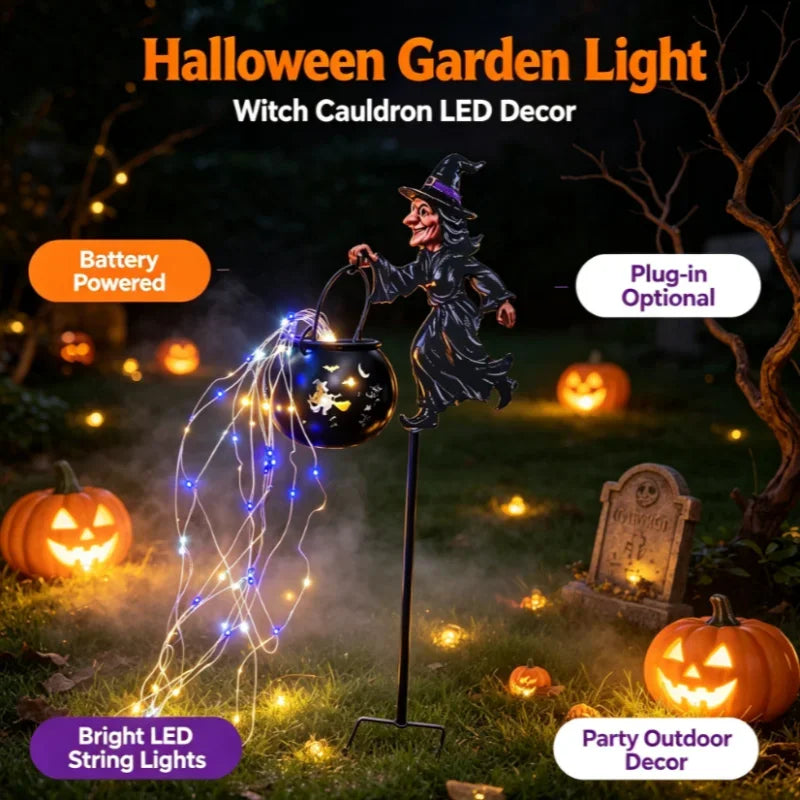 Archie Knows Spooky: Witch Cauldron Garden Stake Lights with LED Flow