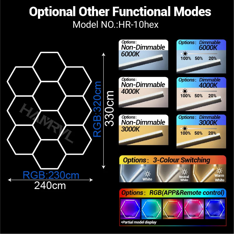 Dimmable Hexagon LED Ceiling Lights – RGB & Multi-Color, Garage/Gym/Gaming