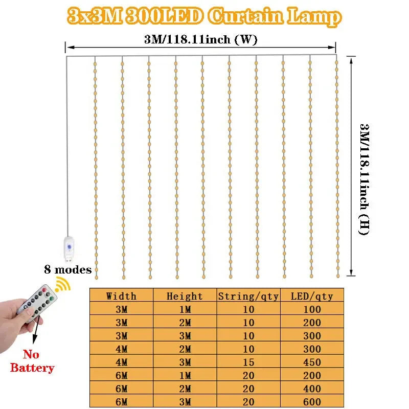 USB LED Curtain String Lights – 8 Modes for Holiday, Party & Room Décor