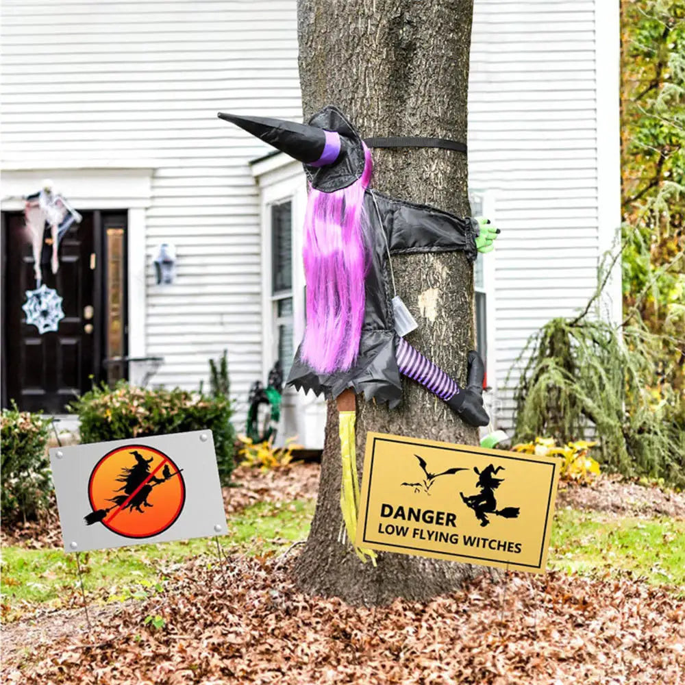 Halloween Crashing Witch Into Tree Outdoor Decoration