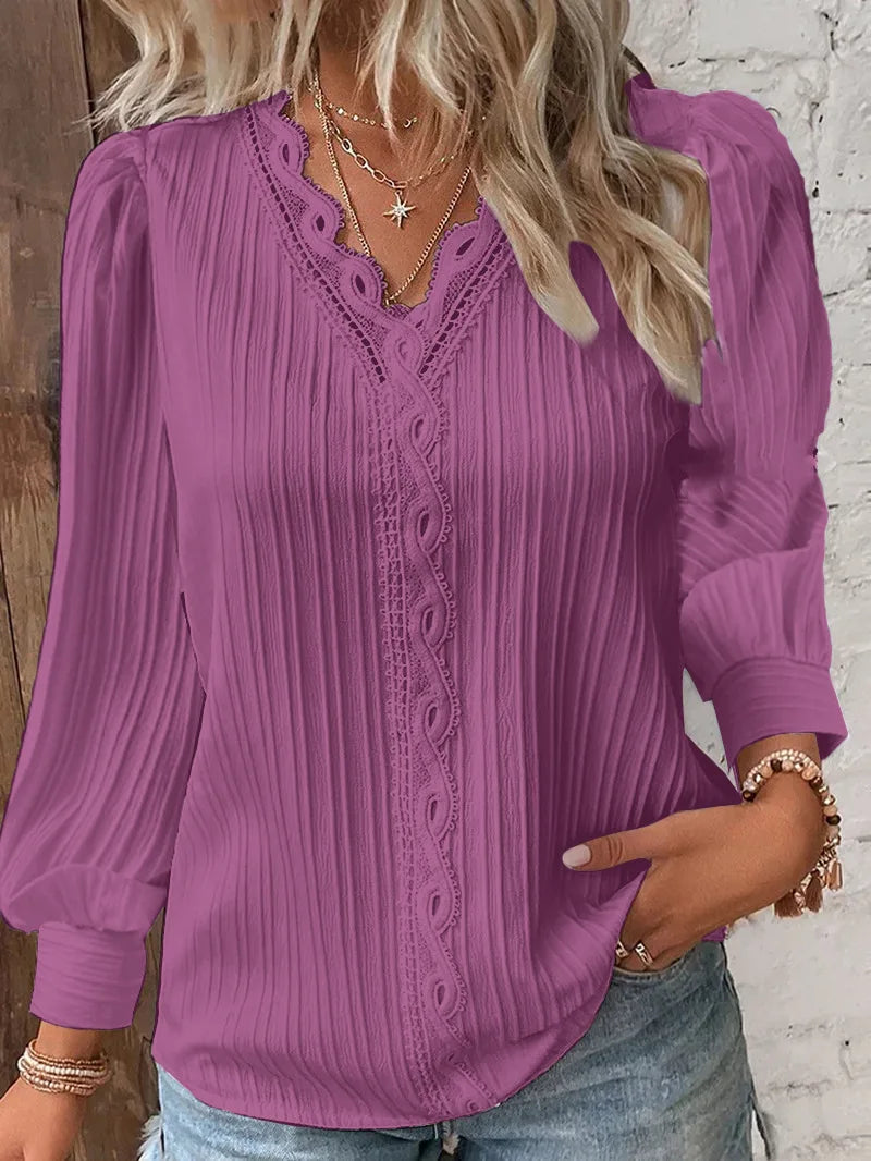 Women's Hollow Lace Patchwork Blouse – Elegant V-Neck Long Sleeve Top