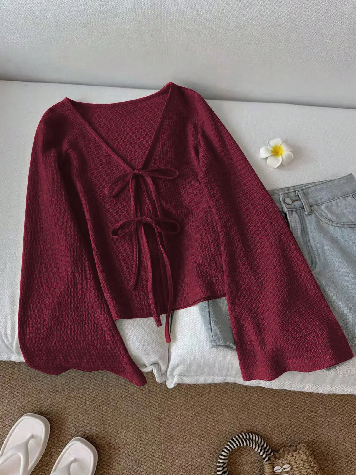 Women's Tie-Front Flare Sleeve Blouse – V-Neck Knit Cottagecore Top