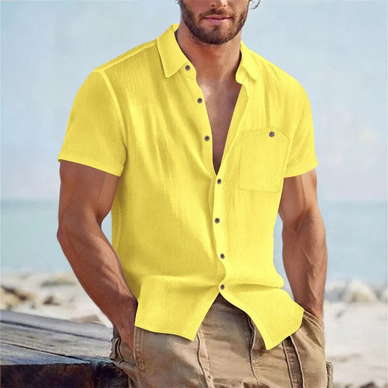 Men's Linen Blend Short Sleeve Button Down Shirt