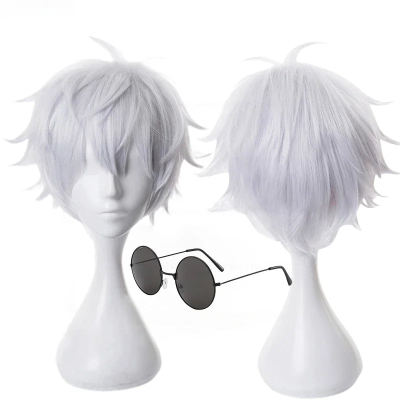 Gojo Satoru Cosplay Wig — Jujutsu Kaisen Short White Heat-Resistant Synthetic Hair + Optional Glasses