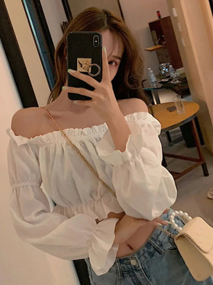 Women's Off-Shoulder Puff Sleeve Blouse – Ruffle Crop Top in Black & White