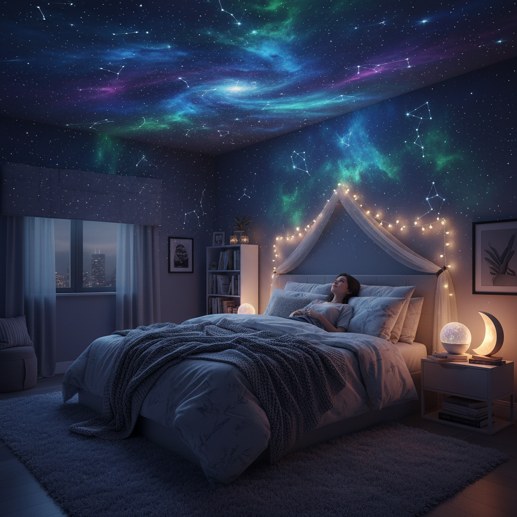 Mini star galaxy projector casting stars and nebula across a bedroom ceiling – lifestyle shot for Instagram Feed