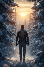 Graphene heated vest golden hour winter hike through snow-dusted pine trees – Instagram Stories and Reels