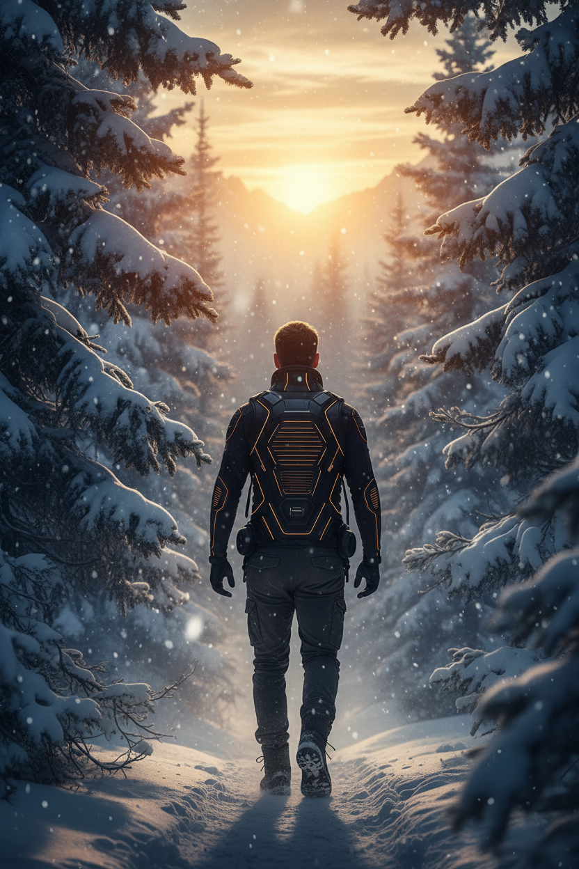 Graphene heated vest golden hour winter hike through snow-dusted pine trees – Instagram Stories and Reels