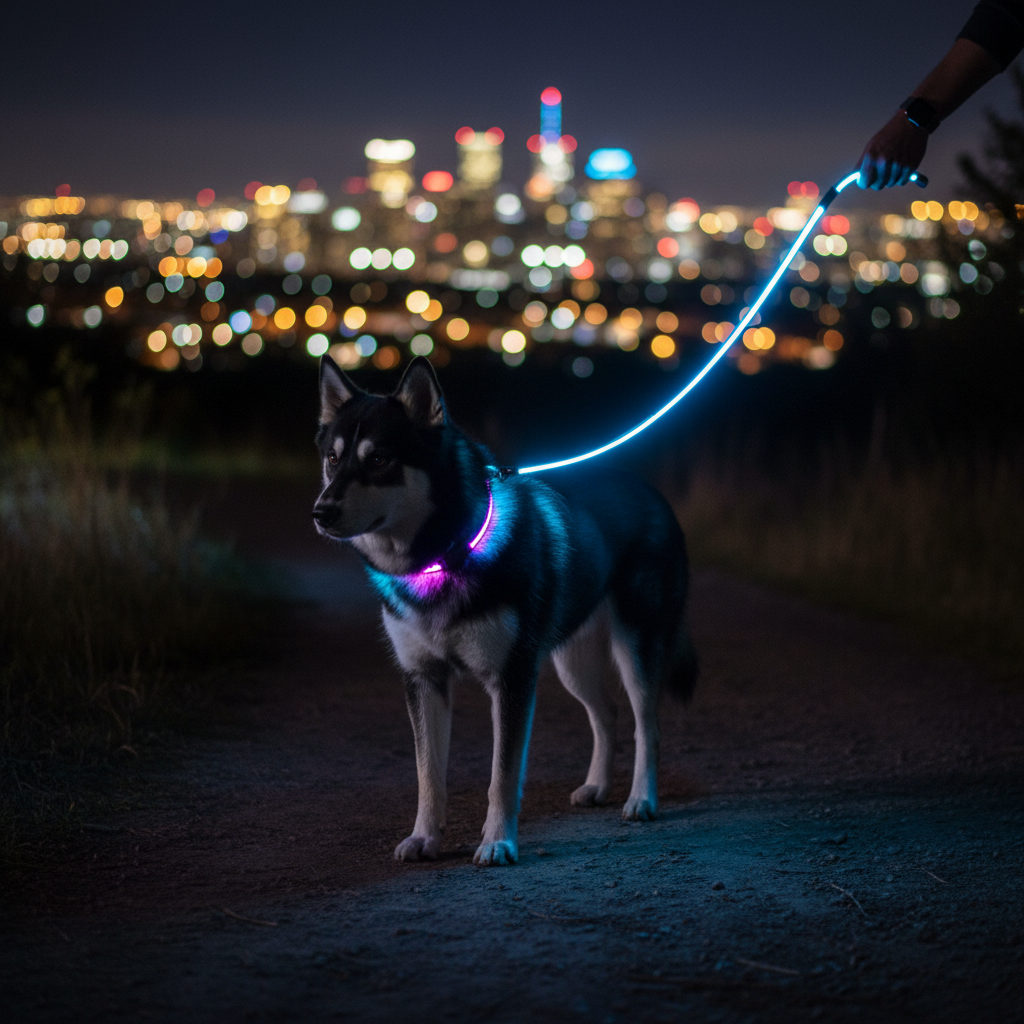 LED Glow Dog Leash and Collar glowing on a dark path at night – lifestyle shot for Instagram Feed