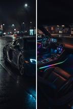 RGB car ambient lights exterior glow and interior LED split scene at night – Instagram Stories and Reels