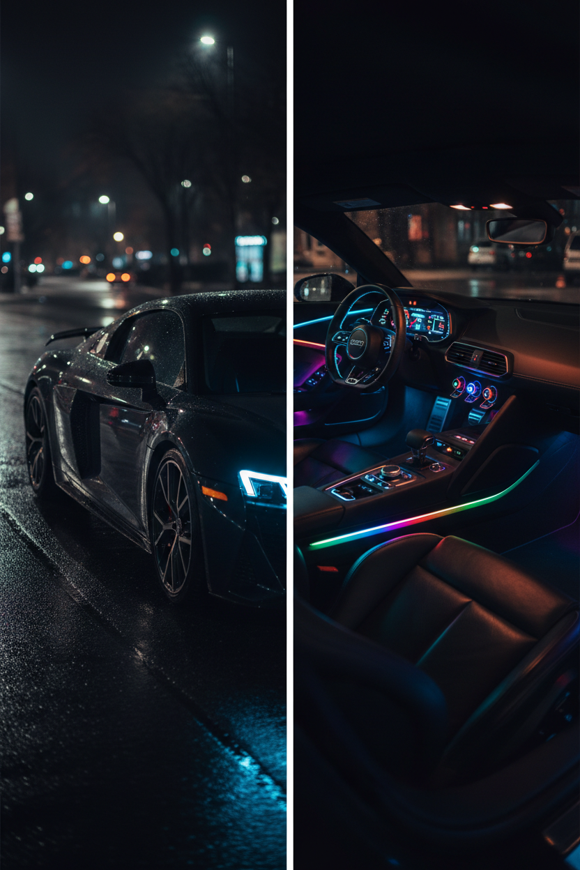 RGB car ambient lights exterior glow and interior LED split scene at night – Instagram Stories and Reels