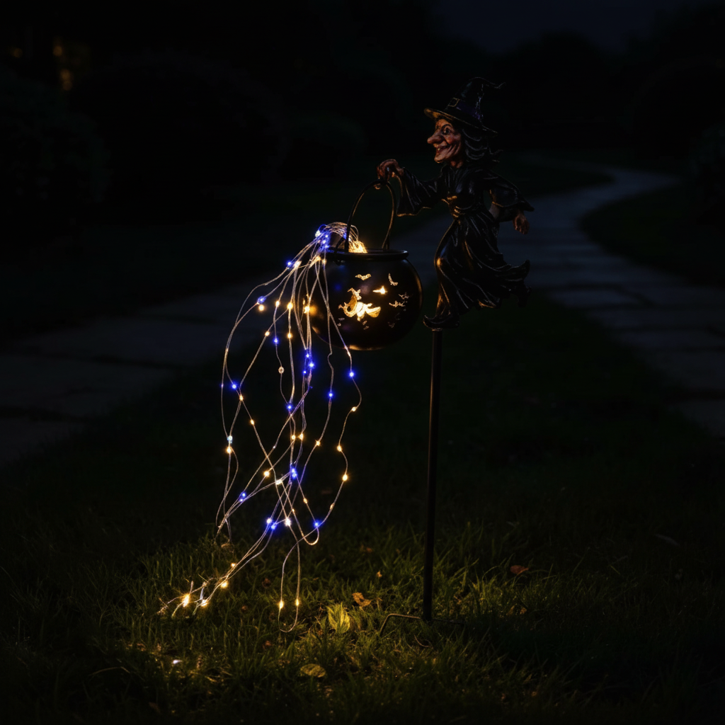 Close-up of black metal witch cauldron LED stake light with flowing string lights on dark background