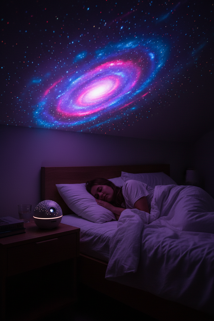 Galaxy projector filling bedroom with vivid space colors at night – cinematic lifestyle shot for Instagram Stories and Reels