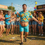 Beer Gut Fanny Pack worn at a summer festival – novelty hairy belly print lifestyle shot for Instagram Feed