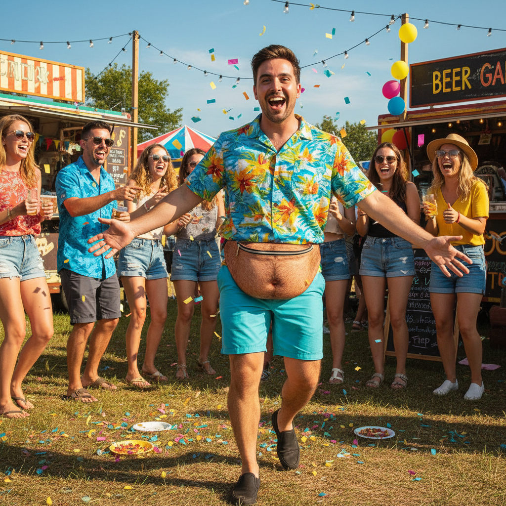 Beer Gut Fanny Pack worn at a summer festival – novelty hairy belly print lifestyle shot for Instagram Feed