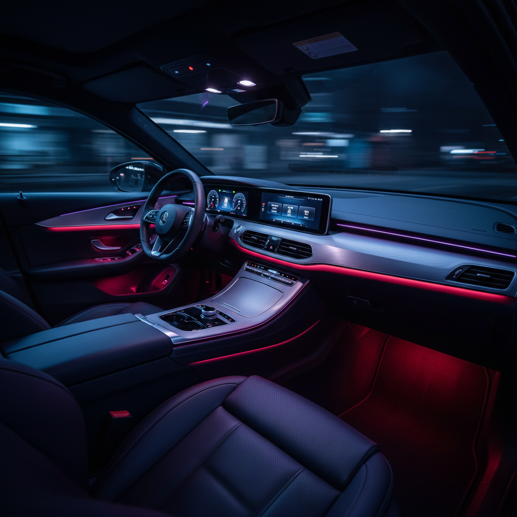 RGB ambient lighting glowing in vivid colors inside a premium car interior at night – Instagram Feed