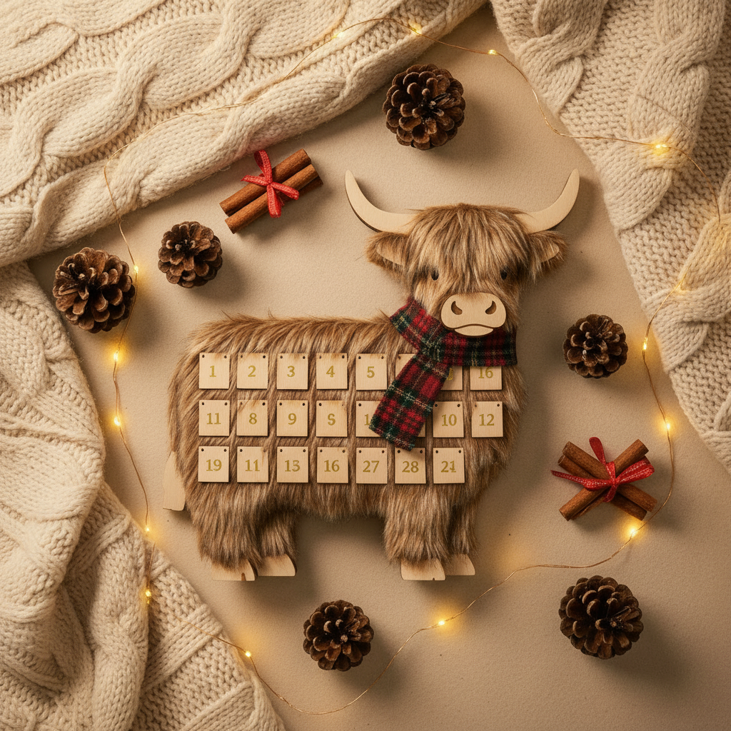 Highland Cow Advent Calendar – cozy Christmas flat lay lifestyle shot for Instagram Feed