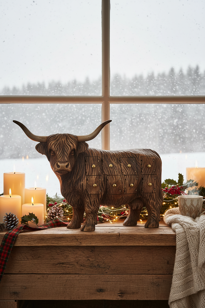 Highland Cow Advent Calendar – dramatic Christmas mantle scene for Instagram Stories and Reels