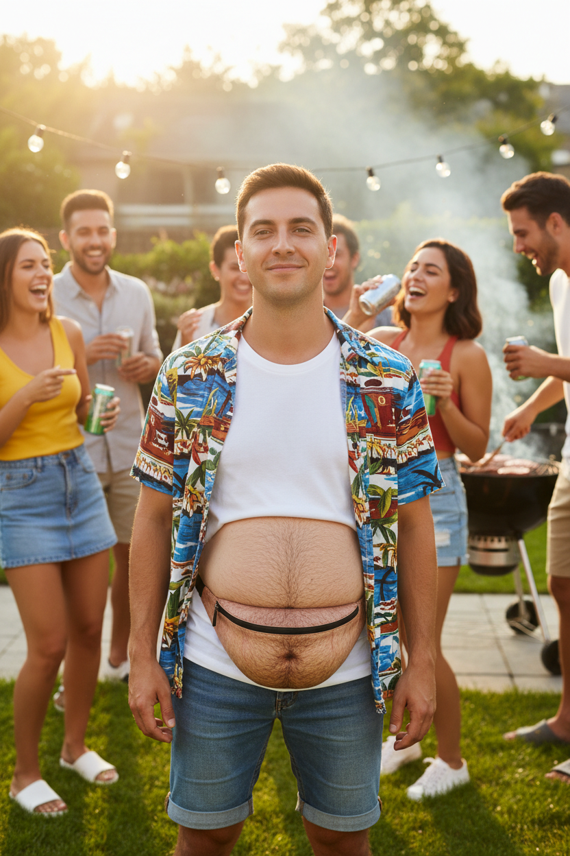 Beer Gut Fanny Pack at a backyard BBQ party – funny lifestyle shot for Instagram Stories and Reels